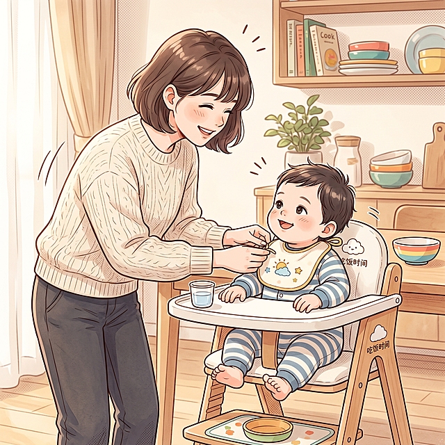 漫画风格，6-10个月大的小孩小仙君在饭前准备，第三个场景：妈妈给小仙君戴上小围脖（小脖巾），妈妈和小仙君都穿现代装扮，整体柔和清新可爱，温馨居家环境