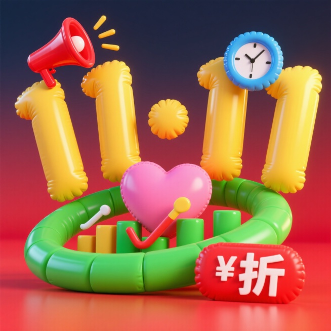 主体为一个促销感的黄色“11·11”造型，结合装饰元素：漂浮着喇叭、时钟、信封、爱心、数据图表、折扣标识等，前景干净，背景为红色预览效果