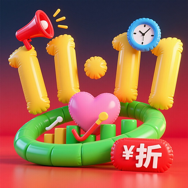 软3D充气风设计，卡通感十足的“11.11”促销场景，融合波普艺术色彩与可爱元素，喇叭、时钟、爱心与¥折标识营造强烈促销氛围。