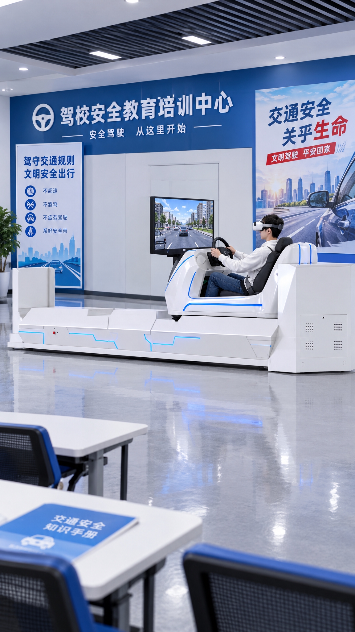 将图中的VR汽车碰撞模拟器放置在驾校安全教育培训中心场景中，驾… - 图片创意预览