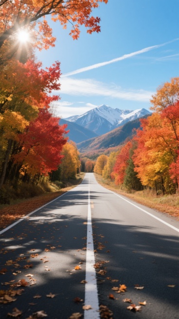 一条空旷延伸的柏油公路，路面有清晰的白色分道线，采用低角度透视构图，公路消失点指向远方。两侧是茂密的秋季枫树林，红色、橙色和黄色的树叶在阳光下绚烂多彩，地面铺满落叶。远处是层叠的山峦，山顶覆盖着皑皑白雪，天空湛蓝，飘着几缕细长的白云，阳光从树叶间隙洒落形成斑驳光影，营造出宁静而富有诗意的秋日氛围，高分辨率摄影品质，色彩鲜明，细节丰富，光影层次分明。预览效果