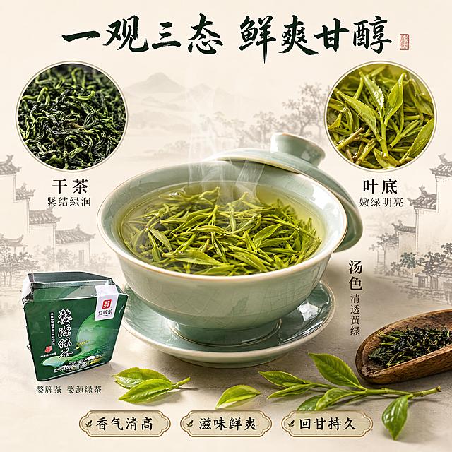 [第3屏] 茶汤品鉴专屏-干茶/汤色/叶底三态微距+口感卖点。本屏使用【图1】作为产品铁罐小图辅助展示，主体为茶汤三态特写。
[氛围/风格] 高级茶品鉴风，微距摄影质感，清透明亮，细节丰富，徽派雅致。
[元素布局] 画面中央为一只青瓷盖碗，碗中冲泡着嫩绿茶叶，茶汤清透黄绿，茶叶舒展，热气袅袅，占比约35%；左上圆形小框展示干茶条索特写——紧结匀整、色泽绿润；右上圆形小框展示叶底特写——嫩绿明亮、芽叶完整；左下角放置【图1】铁罐缩略图，占比约15%，保持外观与原图一致；底部散落几片新鲜茶叶与茶荷，背景点缀淡墨徽派建筑剪影。
[光影质感] 侧上方柔光打亮茶汤，突出通透感与茶叶悬浮细节，碗沿高光清晰，底部柔和投影，整体清透温润。
[配色色系] 全局底色 #F7F3EB（米白暖调）；主色茶汤黄绿 #8BC34A；辅助色青瓷青灰、米白、深褐；点缀色墨绿。
[视角构图] 中心对称式构图，盖碗为视觉焦点，左右圆形小图对称，阅读动线中心茶汤 → 左右干茶叶底 → 底部产品与卖点。
[文字版式] 顶部主标题「一观三态 鲜爽甘醇」书法体；左上圆图下方标注「干茶 紧结绿润」，右上圆图下方标注「叶底 嫩绿明亮」；盖碗右侧竖排「汤色 清透黄绿」；底部三枚卖点胶囊「香气清高」「滋味鲜爽」「回甘持久」；铁罐旁小字「婺牌茶 婺源绿茶」；字色墨绿+深褐，字体风格统一。
[比例分辨率] 1:1 方图比例，4K 分辨率，文字清晰可辨，高清画质。
[负向提示词] 铁罐变形，包装文字错乱，颜色偏差，水印，文字过小，茶汤浑浊，茶叶虚假，背景杂乱。