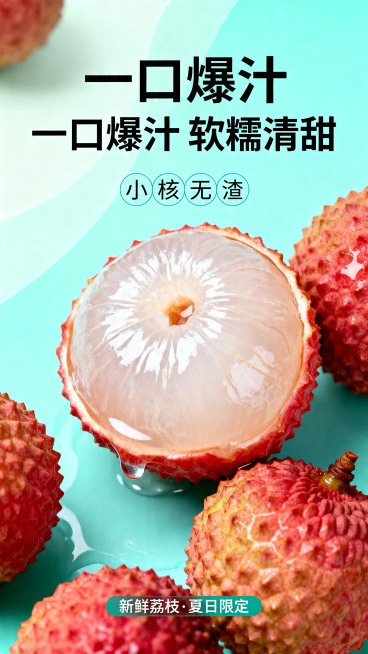 新鲜荔枝宣传海报，突出荔枝晶莹剔透的果肉和清甜多汁软糯的口感，强调小核无渣的特点，画面新鲜诱人，布局美观适合宣传，搭配文字'一口爆汁 软糯清甜'，整体夏季清爽风格预览效果