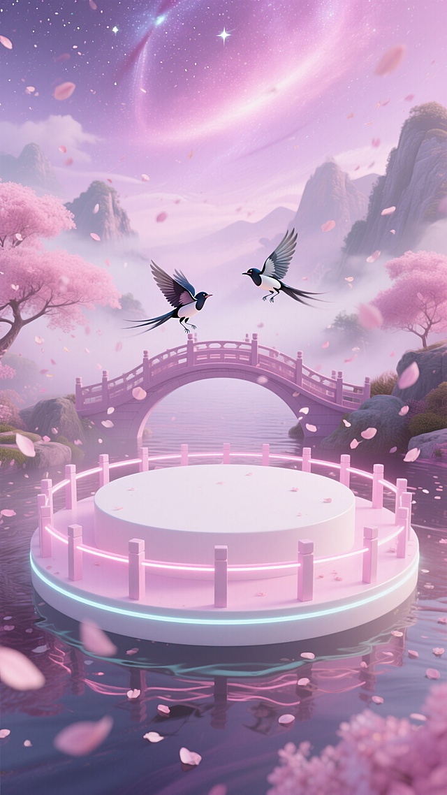 梦幻粉白色圆形展台，展台后面有两只小喜鹊飞在鹊桥上面，花瓣雨，背景是粉色星云，霓虹光效。画面主体是粉白色圆形展台，展台外围有一圈围栏，背景是一些弥漫雾气的山水，山水中间有鹊桥，粉紫柔和色调。