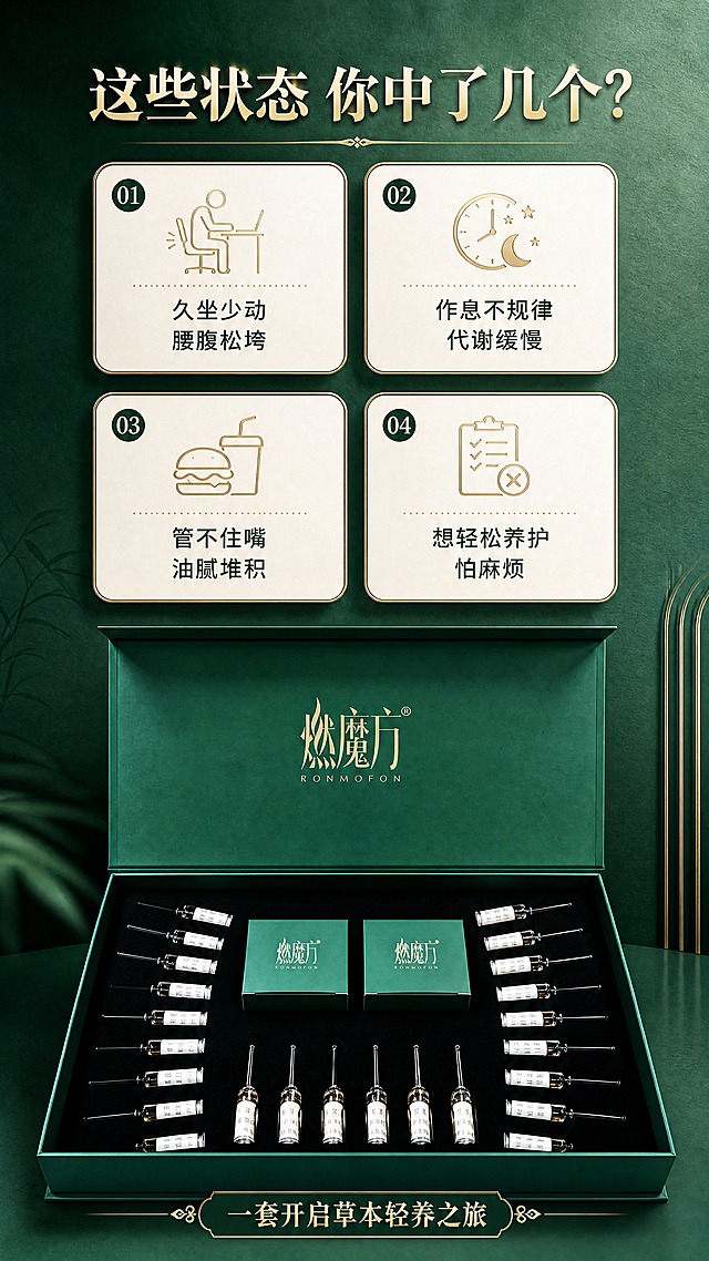 [商品] 使用【图3】燃魔方正视全开礼盒图；保留墨绿色礼盒、金色Logo、多支精华安瓶、2个小方盒、黑色内衬的完整结构与颜色；产品保真，仅做光影优化。
[画面] 目标：痛点人群匹配，引发目标用户共鸣。构图：竖版9:16，上半部分为4格困扰卡片网格（2x2），下半部分产品礼盒横置展示，占画面约40%；背景为浅墨绿色哑光质感，卡片为米白色圆角矩形配金色细边。
[视觉] 套系策略：风格=新中式轻奢高级商业摄影；标题字=宋体衬线粗体带烫金质感；正文字=简洁无衬线体；主色=墨绿+鎏金；背景延展=基于墨绿色做深浅渐变、同色层次和细腻哑光纸张/丝绒质感；强调色=香槟金，仅用于小面积图标、引线、标签和局部光效；标题色=烫金色；正文色=深墨绿+米白；组件=圆角信息卡、金色细线、圆形序号标；光影=均匀柔光，卡片有轻微投影。
[文字] 顶部主标题"这些状态 你中了几个？"；4格卡片分别配文："久坐少动 腰腹松垮"、"作息不规律 代谢缓慢"、"管不住嘴 油腻堆积"、"想轻松养护 怕麻烦"；每格配简约线条图标；底部产品旁配文"一套开启草本轻养之旅"；所有文字横排。
[规格] 图片比例9:16竖版，4K，避免变形、错字、文字过小、冷蓝背景、产品颜色改变、夸大功效、医疗承诺词。
