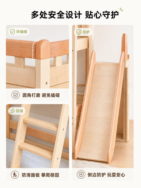 [第8屏] 安全细节设计展示页，儿童床防护细节。本屏参考【图1】结构。
[氛围/风格] 细节特写，安全贴心，专业可信，清晰质感。
[元素布局] 页面分三格展示三个安全细节：左上角圆角护栏特写，左下角爬预览效果