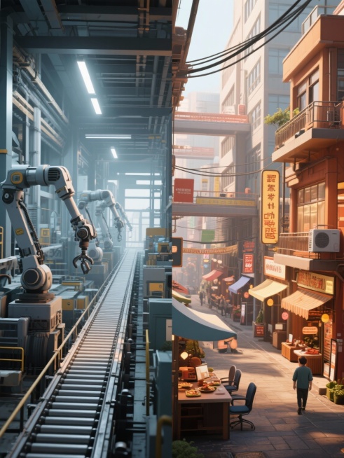 综合视角画面：制造业与服务业并列的双画面，左侧工厂冷色、右侧城市暖色，突出结构差异。预览效果