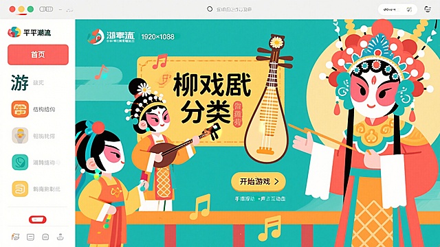 柳琴戏分类游戏首页，1920x1080尺寸，延续整体卡通趣味皮影融合风格，页面突出柳琴戏主题，展示柳琴戏特色乐器柳琴和戏曲人物造型，带有开始游戏和返回按钮，保留手势操控+声音互动+节奏触发的交互提示，风格色彩统一