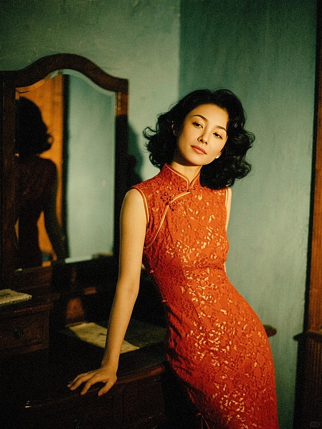 夜晚，复古昏暗的梳妆台前，一个女生（穿猩红色蕾丝花纹旗袍，手推波发型）倚在桌子前，韵味十足。