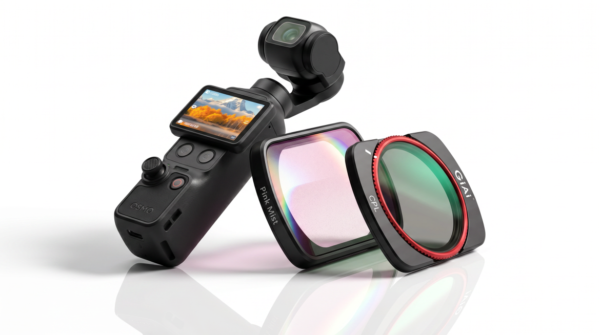 高端影视滤镜产品商业摄影图，纯白背景，左侧斜放黑色云台，云台前面斜立两片滤镜，玻璃通透带柔和光影折射，台面投射出滤镜光倒影。单侧柔和硬质侧光，8K超写实，光学玻璃通透镀膜质感，极简专业氛围感，展会宣传预览效果