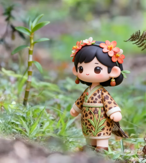 以这张图片中的雌性斑尾榛鸡为原型，设计拟人风格的IP形象，融入龙船花和铁皮石斛的自然元素，可爱萌系的卡通IP设计，细节丰富，风格清新自然预览效果