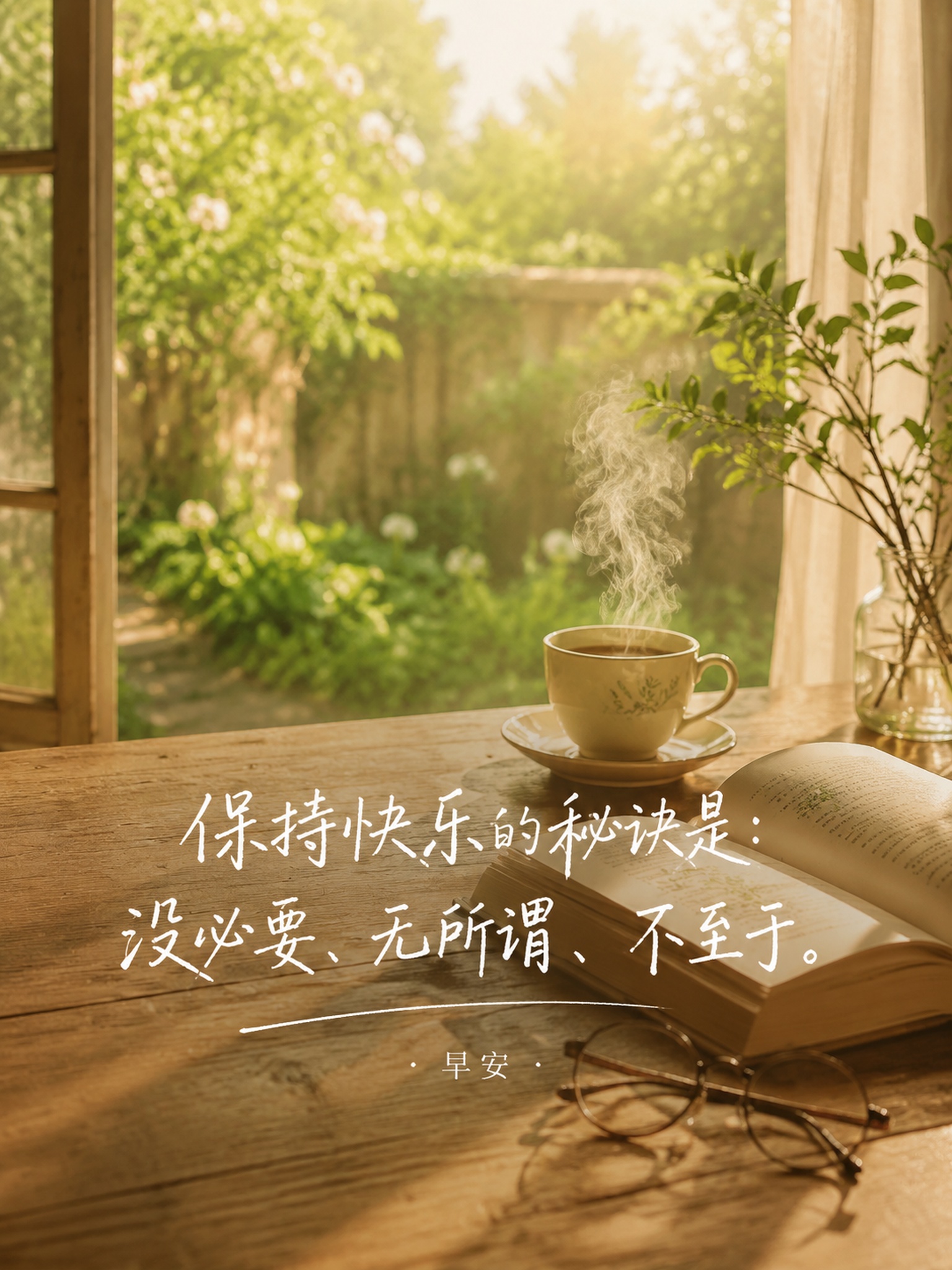 早安日签海报，竖版3:4比例，治愈系暖色调风格，柔和的晨光中，… - 图片创意预览