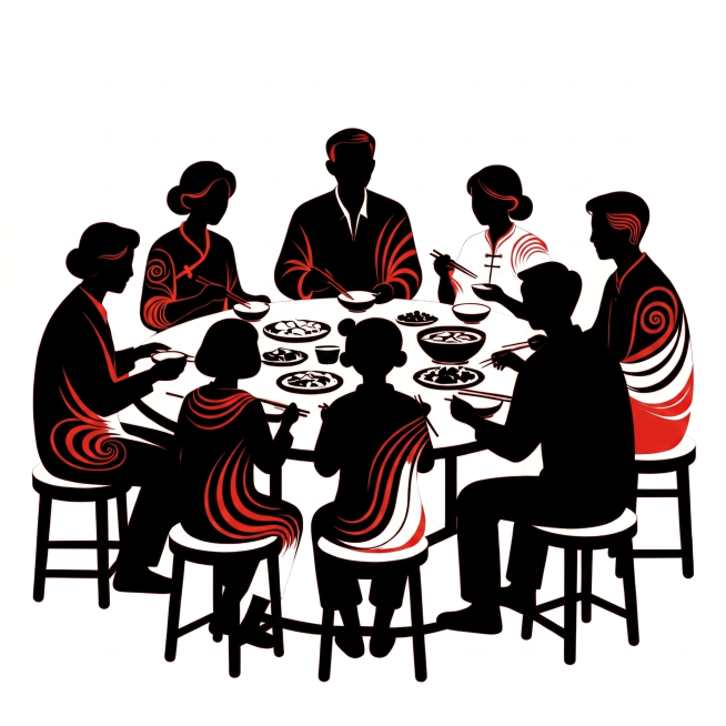 修改图片：将背景更换为黑色，人物剪影改为白色空心样式，保留红色轮廓线，保持一家人吃年夜饭的构图和抽象剪影风格预览效果