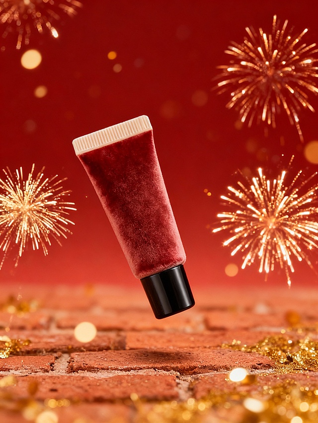 主体物为洗面奶，悬浮状态，砖红渐变背景衬鎏金烟花、丝绒哑光纹理，红金配色，小巧便携瓶身，背景飘着元旦跨年夜烟火光斑