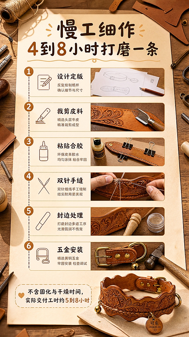 [商品] 使用【图1】它悟头层植鞣牛皮宠物项圈作为最终成品参照；保留项圈结构、材质、五金与焦糖棕颜色。
[画面] 目标：工艺时间轴，展示从设计到成品的全流程，讲慢工细作故事。构图：纵向时间轴贯穿画面，从上到下6个工艺节点，每个节点配小图标与对应手作工具/场景小图：设计定版（纸样+铅笔）、裁剪皮料（裁皮刀+皮料）、粘贴合胶（胶水+夹子）、双针手缝（针+蜡线）、封边处理（打磨棒+封边油）、五金安装（五金+锤子）；右下角或顶部放成品项圈。背景为原木工作台俯视，有皮料边角、蜡线、工具散落，手作氛围浓。
[视觉] 套系策略：风格=温暖治愈手作风商业摄影；标题字=圆润手写感粗体（主标题）+ 简洁圆角无衬线（副标题）；正文字=简洁圆角无衬线体；主色=浅米杏；背景延展=基于浅米杏做深浅肌理、同色渐变与细腻纸张/木纹质感；强调色=焦糖棕、暖黄铜色，仅用于小面积图标、引线、标签描边和重点高亮；标题色=深棕咖；正文色=中暖棕；组件=时间轴圆点连线、圆角节点标签、手写感装饰线；光影=左上暖柔光，工作台自然投影。
[文字] 顶部主标题“慢工细作4到8小时打磨一条”；时间轴6个节点名称：“设计定版”“裁剪皮料”“粘贴合胶”“双针手缝”“封边处理”“五金安装”；底部强调语“不含固化与干燥时间，实际交付工时约5到8小时”。文字全部横向排版。
[规格] 抖音9:16竖版，4K，medium。避免变形、错字、文字过小、冷蓝背景、工具杂乱无章。