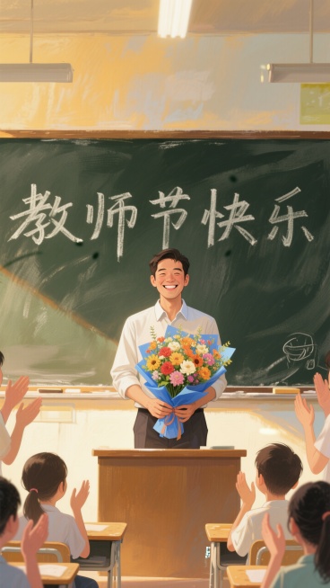 教室里，黑板上写着 “教师节快乐” ，一位笑容灿烂的男教师捧着蓝色包装的一束花站在讲台上面对学生，学生鼓掌，暖黄色光影，正视，画面重心居下预览效果