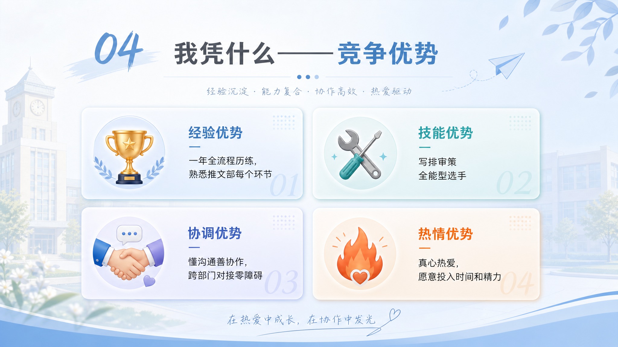 PPT竞争优势页，清新校园风，雾霾蓝主色调。标题："04 我凭… - 图片创意预览