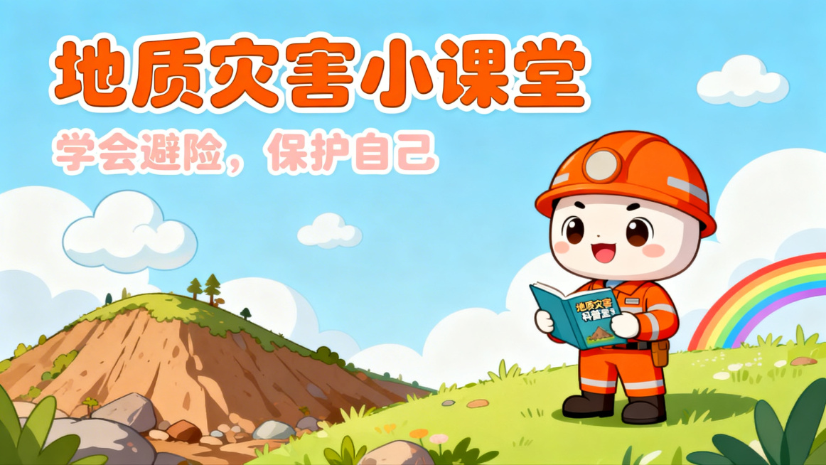 小学生地质灾害科普PPT封面，卡通风格，有可爱的吉祥物，标题写"地质灾害小课堂"，副标题写"学会避险，保护自己"，画面色彩明亮活泼预览效果