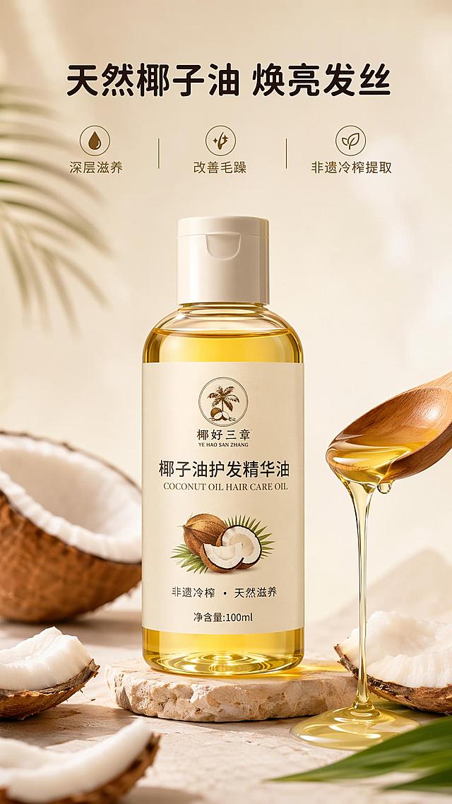 [第7屏] 椰子油护发产品介绍-椰好三章椰子油护发质地与功效展示。
[氛围/风格] 美妆护肤质感，自然纯净，高级简约，通透干净。
[元素布局] 中心位置展示瓶装椰子油护发产品，占屏约55%，旁边舀出一勺椰子油展示质地，周围搭配新鲜椰肉切片点缀；主产品清晰突出，椰子油呈现通透金黄质地，流动性自然。
[光影质感] 侧柔光打光，凸显椰子油通透质感，瓶身高光清晰，阴影柔和。
[配色色系] 全局底色 #F5F1E4；主色椰油金黄+瓶身浅白；辅助色棕椰壳点缀，保持整套配色统一。
[视角构图] 中心对称构图，产品居中作为视觉焦点，浅景深突出主体。
[文字版式] 顶部主标题「天然椰子油 焕亮发丝」，圆角黑体居中；下方三点功效：「深层滋养」「改善毛躁」「非遗冷榨提取」，分三点横向排列，字体风格和字色与首屏保持一致，文字清晰不遮挡主体。
[比例分辨率] 宽度1080px，高度1920px，9:16竖版比例，4K分辨率，文字清晰可辨，高清画质。
[负向提示词] 瓶子变形，质地失真，文字错乱，颜色偏差，水印，虚假功效宣传。