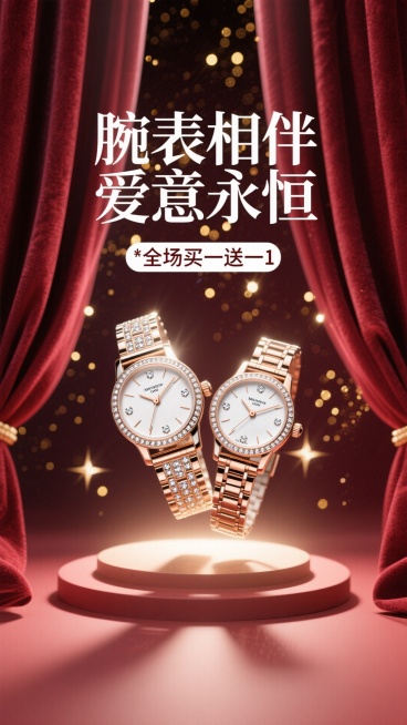 海报采用深邃的勃艮第酒红色背景，犹如天鹅绒幕布。画面中央，一道光束打下，聚焦于一对优雅交叉的男女款奢华腕表。表盘上的钻石与金属细节在光线下熠熠生辉，仿佛悬浮于璀璨星河之中。背景中若隐若现的金色光斑，如预览效果