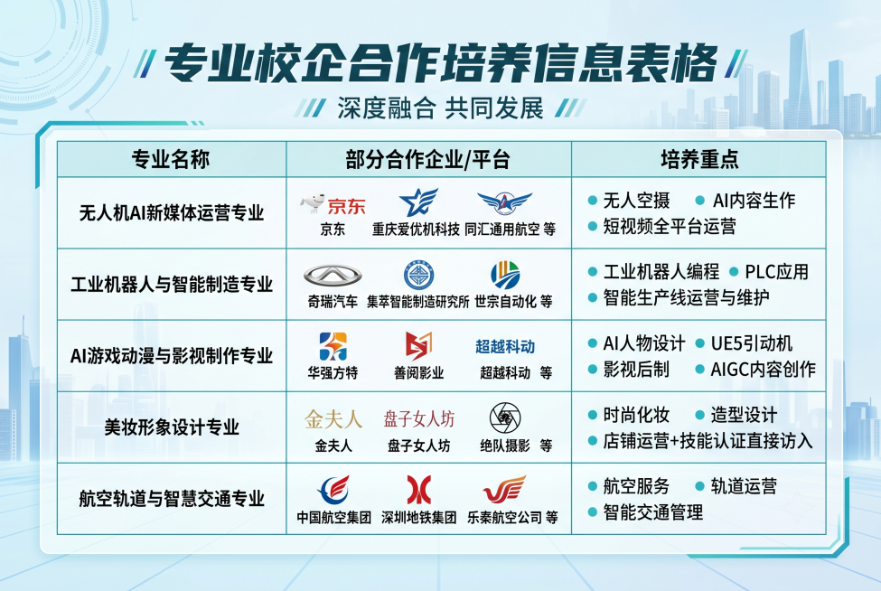 制作一张专业校企合作培养信息表格图片，包含完整表格文案：
专业名称	部分合作企业/平台	培养重点
无人机AI新媒体运营专业​	京东、重庆爱优机科技、同汇通用航空等	无人机航拍+AI内容生产+短视频全平预览效果