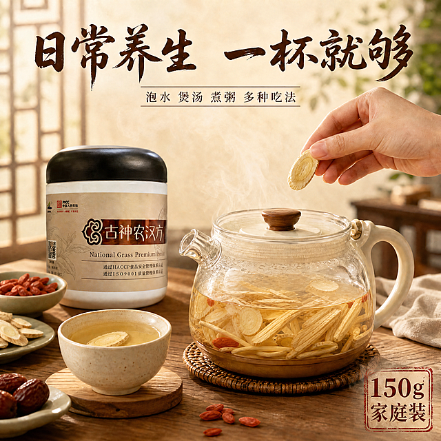 修改玻璃养生壶中的内容物：将壶中大量黄芪片减少为5-6片黄芪斜片，同时加入适量西洋参片（圆形薄片，颜色偏浅白）、党参段（长条状，浅棕色有纹理）和麦冬（细长纺锤形，米黄色），四种食材搭配自然、数量合理、符合真实养生茶配比，在水中清晰可见、舒展自然。其余画面元素（罐子外观、手、茶杯、背景、文字、枸杞红枣、整体光影和构图）全部保持不变，罐子不得有任何改动。整体暖调自然光，商业摄影质感，真实自然。