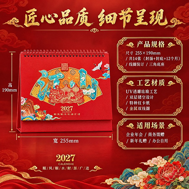 [主图-5] 尺寸规格与产品参数信息图，清晰展示台历大小、页数、材质等核心参数。
[统一基调] 国潮非遗美学风格，背景主色为中国红渐变，标题字色为烫金，辅助字色为米白，强调色为金色描边；字体为大气书法体+宋体组合，卡片/边框采用祥云纹金边样式，整体传递高端礼赠、非遗传承的品质感。
[画面] 画面左侧为江山款UV透雕台历正面展示，占画面约50%，台历旁有尺寸标注线，横向标注"宽255mm"，纵向标注"高190mm"，标注线为金色细线条配白色数字。右侧为参数信息区域，分为三个金色边框的信息卡片，竖向排列。第一个卡片标题"产品规格"，内容：尺寸255×190mm、共14张（封面+封底+12个月）、线圈装订、三角底座。第二个卡片标题"工艺材质"，内容：UV透雕珐琅工艺、双层镂空设计、特种红卡纸、金属双线圈。第三个卡片标题"适用场景"，内容：企业年会、商务馈赠、新年礼赠、办公自用。画面顶部有大标题。
[光影质感] 商业产品摄影质感，台历部分光影清晰，透雕工艺层次感突出，信息卡片区域干净整洁，整体视觉专业清晰。
[配色] 背景中国红渐变，信息卡片为半透明深红底配金色边框，文字为白色和金色，整体红金配色统一。
[文字版式] 顶部主标题"匠心品质 细节呈现"为烫金书法体大号字，居中；右侧三个信息卡片，每个卡片标题为金色粗体，内容为白色宋体；尺寸标注文字清晰醒目；所有文字排版整齐，层级分明。
[输出要求] 1:1正方形比例，2K分辨率，参数文字清晰可读，产品展示清楚；负向：变形、错字、模糊、杂乱、水印、平台Logo、人物、参数错误。
