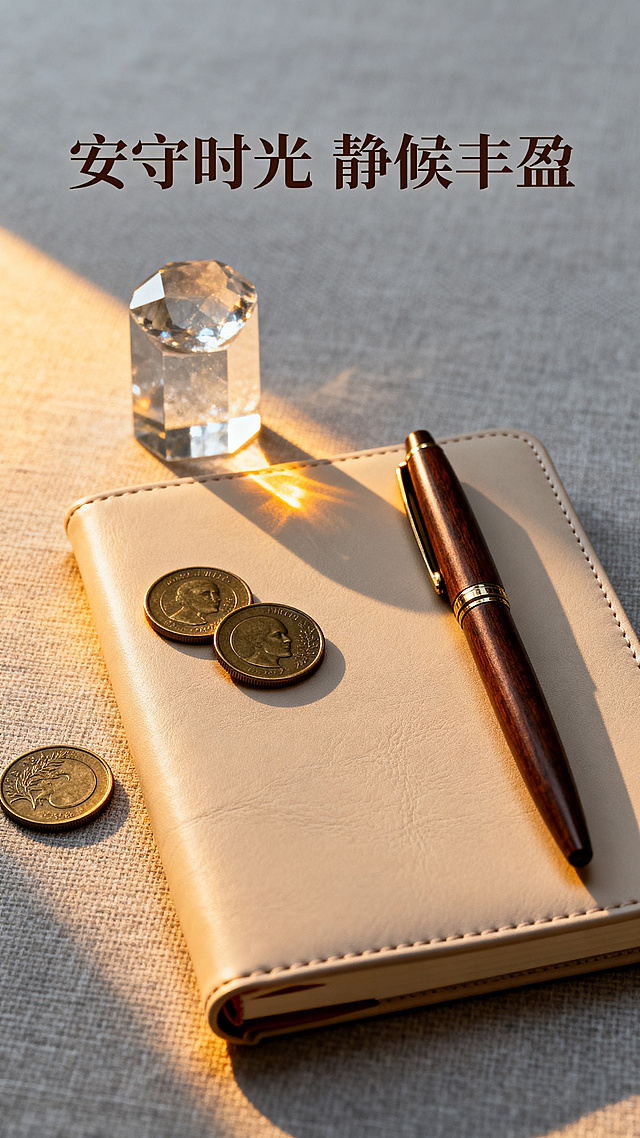 安守时光 静候丰盈，理财金融主题，安静简约的质感场景，柔和暖调光影，轻奢自然风格，带有沉稳大气的金融氛围，呈现岁月沉淀的财富增长感，画面中包含文字"安守时光 静候丰盈"