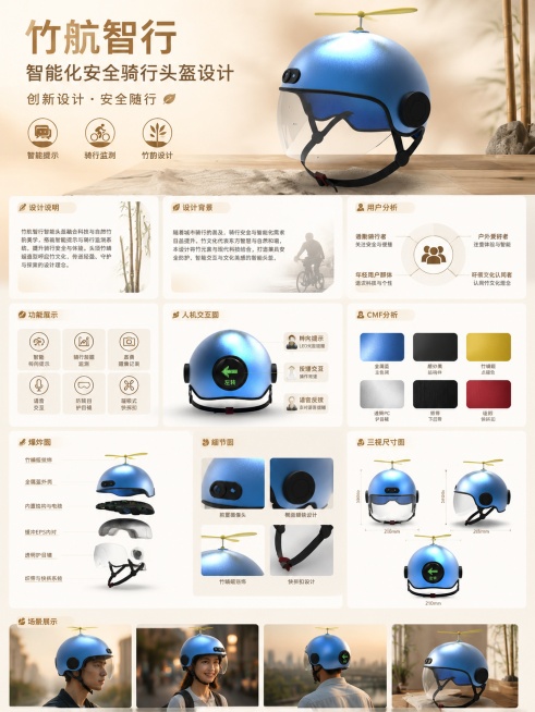 设计一张A3竖向的竹航智行智能化头盔毕业设计展板，参考第四张图的版式骨架和暖调简约风格，替换商品为本次的竹航智行智能头盔，保留分区结构，包含标题区、产品设计说明、设计背景、用户分析、功能展示、人机交互预览效果