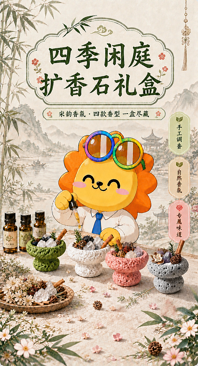 对这张海报做两处修改：1）去掉画面下半部分所有文字和形状元素，包括底部的"香薰礼盒DIY"横栏框、底部的四款香型文字（雅韵白茶/晶韵檀香/绿野仙踪/绮梦玫瑰）及旁边的花叶小图标，全部移除；2）将画面整体向下延伸扩展约1cm高度，底部增加更多竹叶、花朵、花瓣、松果等前景装饰元素和桌面纹理延伸，使画面底部更丰富自然，填补文字移除后的空间。其余所有元素（主标题、副标题、IP小狮子形象、四款扩香石产品、三瓶精油、木盘花材、背景山水竹景、右侧三个竖标签、整体配色与版式）均保持原样不变。产品100%还原原图外形材质。画面中所有保留的文字必须清晰准确。