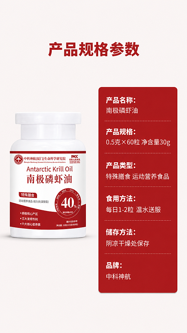 [第7屏] 产品规格参数信息卡。
[氛围/风格] 简洁参数展示，浅红米白底配红色装饰，去除金色黄色，清晰工整。
[元素布局] 产品放在画面左侧居中，占画面约40%宽度，保持产品外观颜色结构与原图一致，去除金色元素改为红色。右侧做参数信息卡片，红色底配白色文字，整齐列出各项参数。整体左右排版平衡，无边框满铺，去除所有金色黄色。
[光影质感] 均匀柔和光照，产品和信息卡阴影自然，文字清晰锐利，画面干净。
[配色色系] 全局底色：#F8F4F4（浅红米白）；信息卡背景：#A81C1C（红色）；文字：白色和黑色，保持纯红色系，去除金色黄色。
[视角构图] 左右分栏构图，左侧产品，右侧参数，留白恰当，适合手机阅读。
[文字版式] 顶部主标题"产品规格参数"深红加粗，居中，字号画面宽度6%。右侧信息卡列出：
产品名称：南极磷虾油
产品规格：0.5克×60粒 净含量30g
产品类型：特殊膳食 运动营养食品
食用方法：每日1-2粒 温水送服
储存方法：阴凉干燥处保存
品牌：中科神航
每一项参数名称加粗，内容常规字重，排版整齐清晰。
[比例分辨率] 9:16 竖版比例，宽度1080，高度1920，2K分辨率，文字清晰可辨。
[负向提示词] 产品变形，文字错乱，参数错误，排版混乱，背景杂乱，黄色，金色