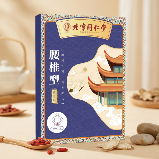 北京同仁堂腰椎型透骨贴产品展示图，将产品放在浅米色健康养生风格背景中预览效果