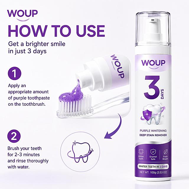 展示WOUP紫色牙膏的使用方法：挤出适量紫色牙膏在牙刷上，背景干净简洁，突出产品，保留产品原包装设计，尺寸1600*1600