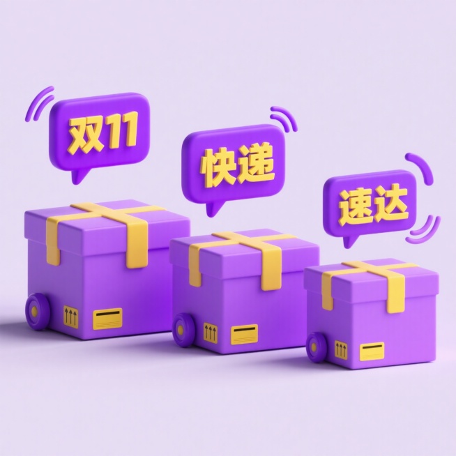 3个紫黄配色快递箱（主体紫色，胶带黄色，有紫色小轮子与黄色标签）依次在平面上排列；每个快递箱上方有紫色对话气泡和线条，营造热闹氛围，每个气泡从左至右依次是黄色的文字：“双 11”“快递”“速达”；每个预览效果