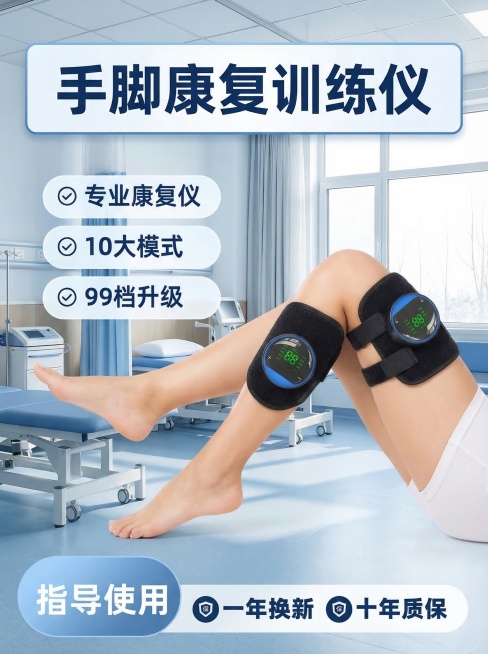 保持康复训练仪产品图不变，调整模特肢体为弯曲抬腿的康复训练动作，模特皮肤增白自然，背景改为整洁的医院康复科环境，保留所有原有卖点文字，调整文字颜色和框架模板为蓝白简约医疗风格，和原图比例一致预览效果