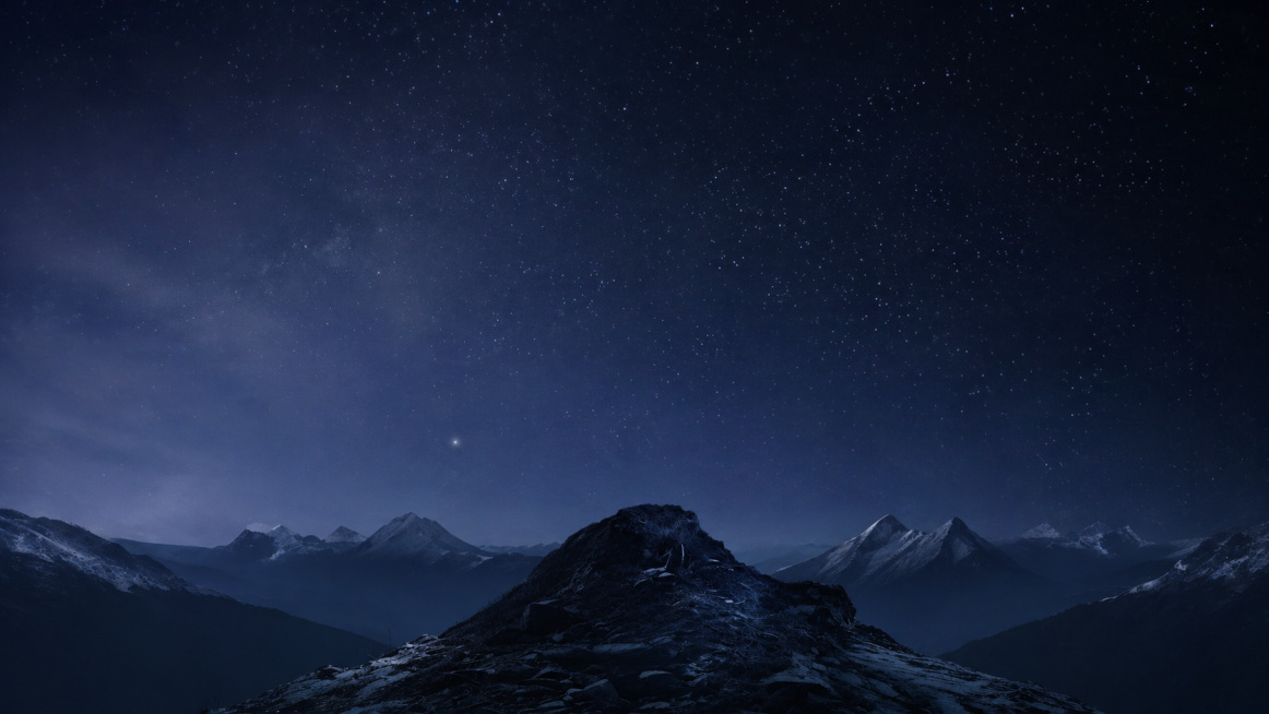 基于图1星空背景，将图2的山顶主体整合进去，保持山顶造型不变，去掉山顶上的人物，调整山顶的光照和光影，让色温、亮度及饱和度与星空背景环境协调，呈现真实自然的阴影效果，消除视觉接缝，实现山顶与星空场景在预览效果