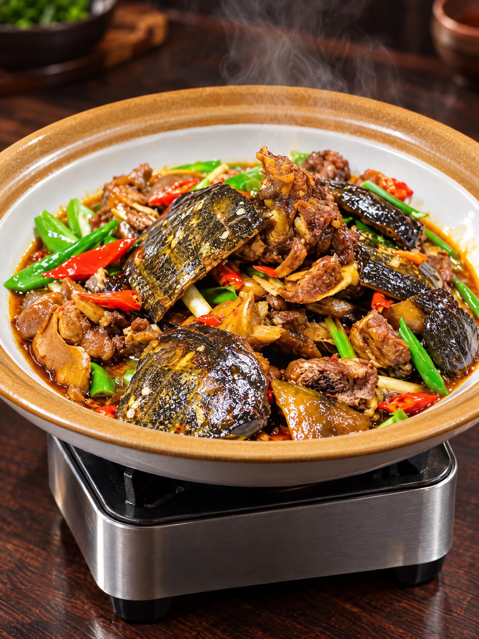 基于参考图中的红烧甲鱼菜品，生成侧面微俯角度的美食摄影图，保持… - 图片创意预览