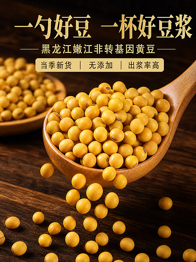 750×1000px 竖版，微距摄影，原木色木勺舀起满满一勺黄豆，豆子从勺边缓缓落下，背景是深色木质桌面，暖色调灯光，突出豆子的金黄质感和自然纹理，高对比度，添加文字：主标题“一勺好豆 一杯好豆浆”，副标题“黑龙江嫩江非转基因黄豆”，卖点标签“当季新货 | 无添加 | 出浆率高”，文字清晰可复制