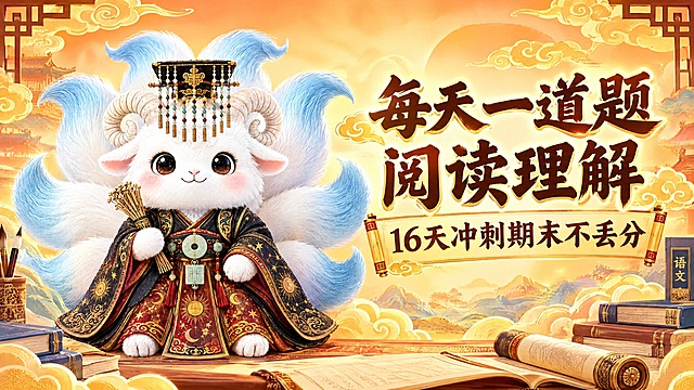 横版教育宣传图，尺寸540x292，左侧放置参考图中的帝王装扮九尾羊神兽形象（保留其古代帝王冕旒冠、黑红金古装、手持羽扇、蓝色九尾的造型），右侧为文字内容：主标题"每天一道题 阅读理解"，副标题"16天冲刺期末不丢分"。整体风格为橙黄色暖色调，背景为橙黄色渐变搭配金色祥云纹理，文字采用深棕色和金色搭配，排版醒目有冲击力，营造期末冲刺的热烈氛围，适合小学语文阅读理解期末冲刺课程宣传。