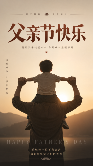 父亲节海报，高级简约风格，主标题是“父亲节快乐”，画面展示父亲用双手无声托举孩子的背影，整体色调沉稳温暖，主标题醒目突出预览效果