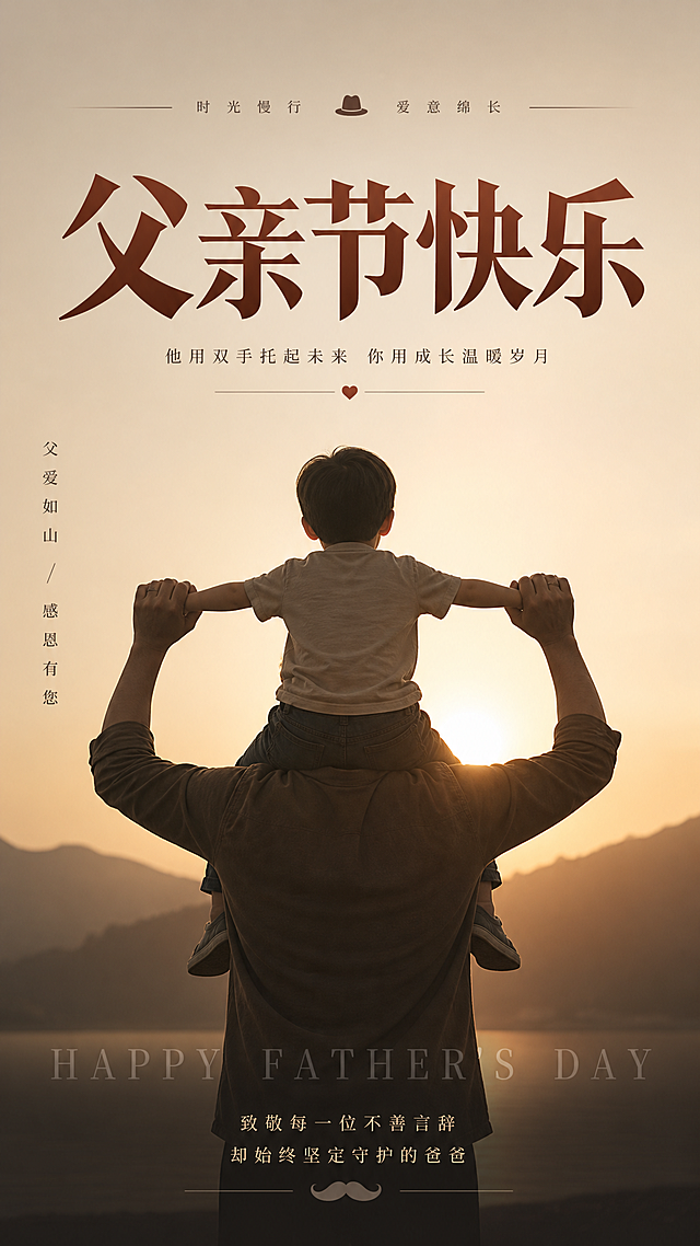 父亲节海报，高级简约风格，主标题是“父亲节快乐”，画面展示父亲用双手无声托举孩子的背影，整体色调沉稳温暖，主标题醒目突出