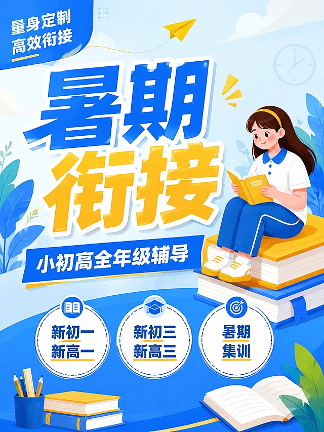 扁平插画风格教育培训海报，延续蓝黄清新配色，3:4竖版比例，突出核心文案。主标题蓝黄撞色放大写"暑期衔接"，蓝色横幅副标题写"小初高全年级辅导"，右侧女生坐在书本上翻书学习，底部三个圆形标签写"新初一新高一"、"新初三新高三"、"暑期集训"，左上角蓝色块写"量身定制 高效衔接"，风格统一，主题围绕要求，禁止出现违规词汇