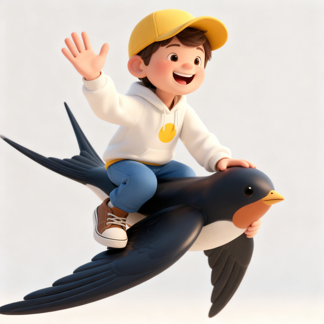 左手挥手打招呼，右手扶着燕子的脖子，表情开心大笑预览效果