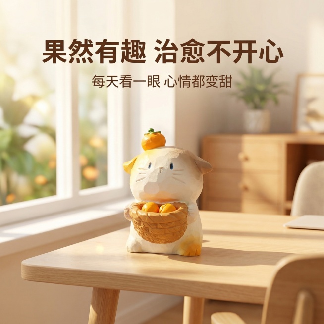 [主图 10] 情绪价值种草图。氛围风格：治愈氛围感，简约松弛。画面元素：主款好柿猫猫放置在靠窗办公桌，午后阳光斜射形成柔和光斑，背景虚化，营造松弛治愈的办公氛围，保持猫猫造型和原图一致。配色色系：暖预览效果
