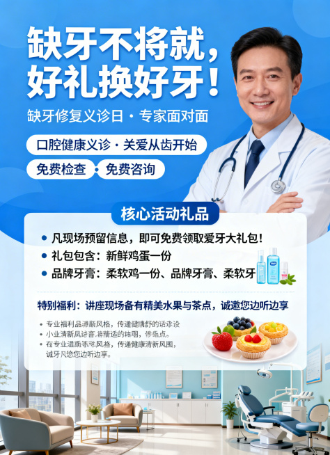 牙科缺牙修复义诊宣传页设计 A4尺寸，主色调为医疗蓝，顶部放置大号醒目主标题“缺牙不将就，好礼换好牙！缺牙修复义诊日 · 专家面对面”，副标题为“口腔健康义诊 · 关爱从齿开始 免费检查 · 免费咨询预览效果