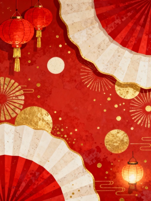 一幅具有浓厚节日氛围的背景素材，采用中国传统岩彩画风格绘制。画面以大红色为底色，点缀着金色和米白色的圆形图案，这些图案有的带有放射状纹理，有的则是纯色填充。画面中还有多个红色和米白色的扇形元素，它们的边缘呈现出优美的弧度。左上角悬挂着两个红色的灯笼，灯笼下方有金色的流苏。右下角也有一个小巧的灯笼，散发着柔和的光芒。背景中还散布着一些金色的小点和线条，增添了画面的层次感和精致度。整体构图饱满而富……预览效果
