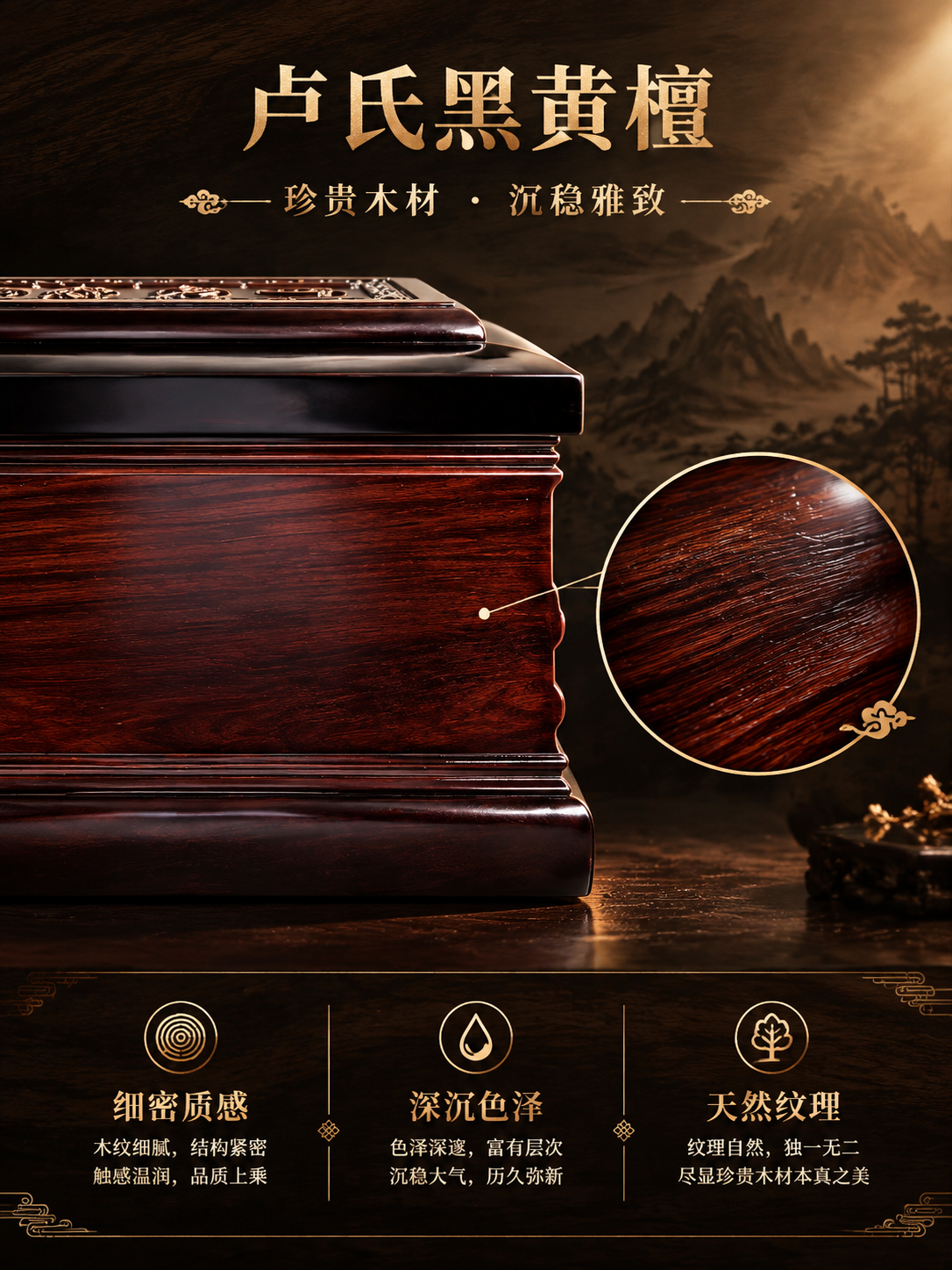 [商品] 使用【图2】卢氏黑黄檀骨灰盒侧面素面款（展示木纹材质… - 图片创意预览