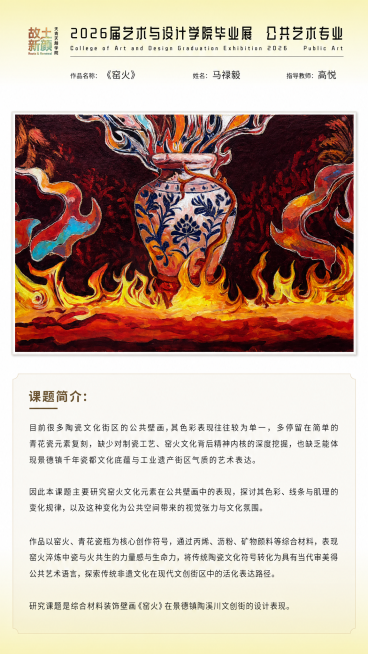 在模板图中填入用户信息和作品图，上方保留已有毕业展标题文字内容，填入作品名称《窑火》，姓名：马禄毅，指导教师：高悦，在展板下方排版放入作品图和课题简介文字：课题简介： 目前很多陶瓷文化街区的公共壁画，预览效果