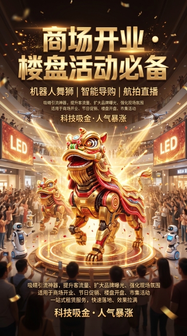 喜庆商业热闹海报，金色科技光效，机器人舞狮表演，商场开业氛围，吸睛引流，高清质感，高端商业风，包含文字：主标题"商场开业・楼盘活动必备"副标题"机器人舞狮｜智能导购｜航拍直播"正文"吸睛引流神器，提升预览效果