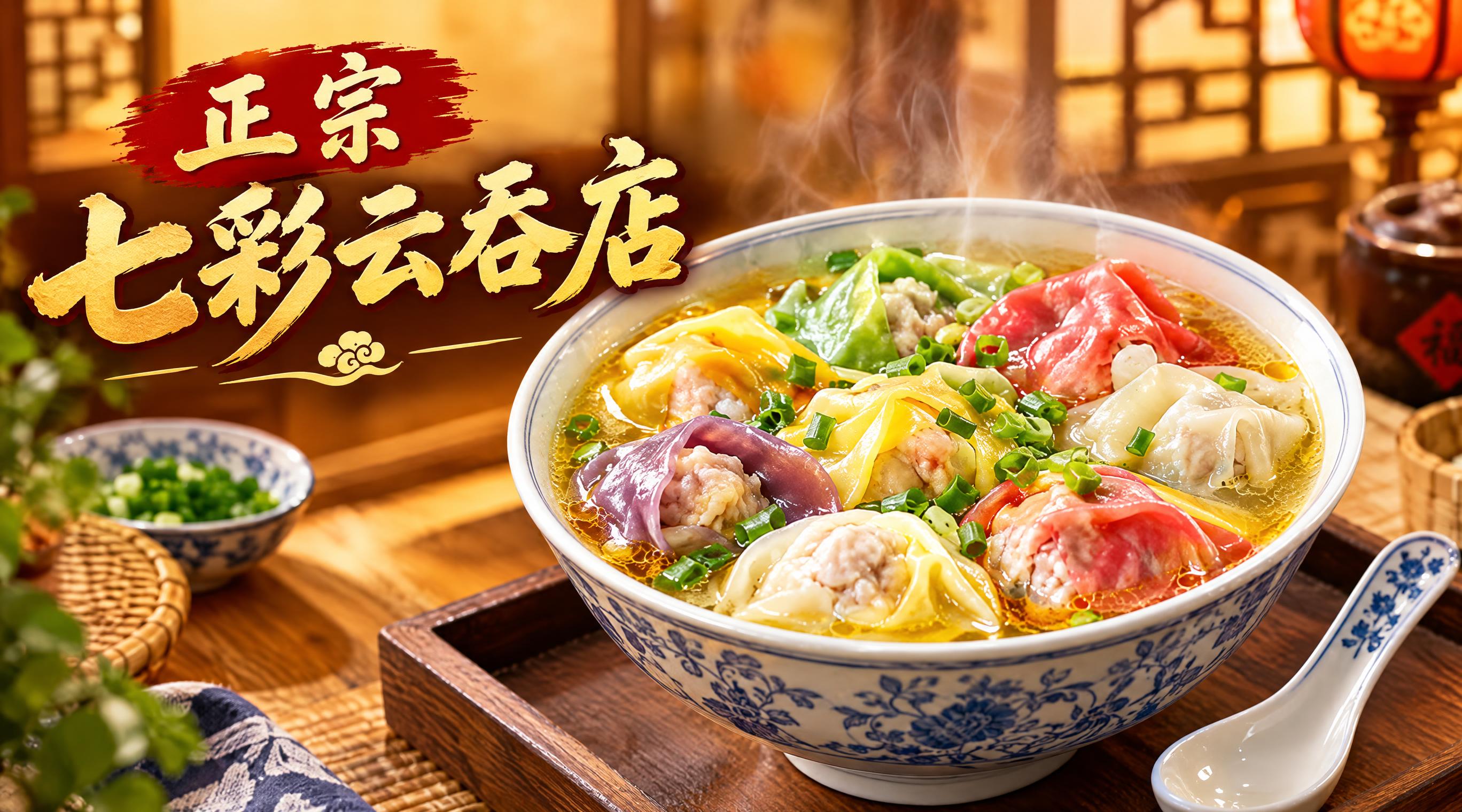 正宗七彩云吞店店招设计，702x392横版构图，画面主体是一碗… - 图片创意预览